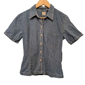 Vintage GAP‎ Denim Jean Button Up Shirt Short Sleeve Blue Cotton Women Size S